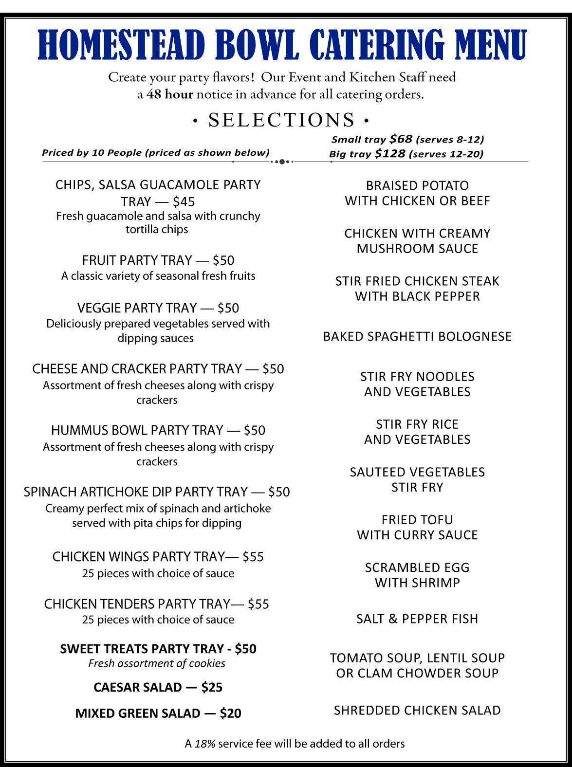 Homestead Bowl Catering menu