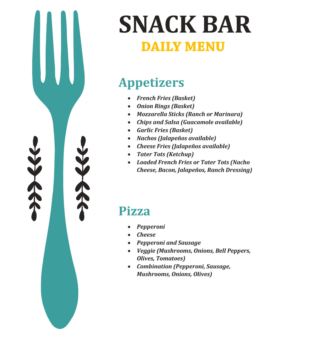 Snack Bar Menu Appetizers and Pizza