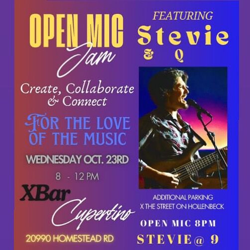 Wed Oct 23rd Open Mic Jam will be featuring Stevie Queriroz  @stevie.qqqq - vocalist & bassist who have performed at multiple venues in San Francisco Bay Area. Come join the fun!