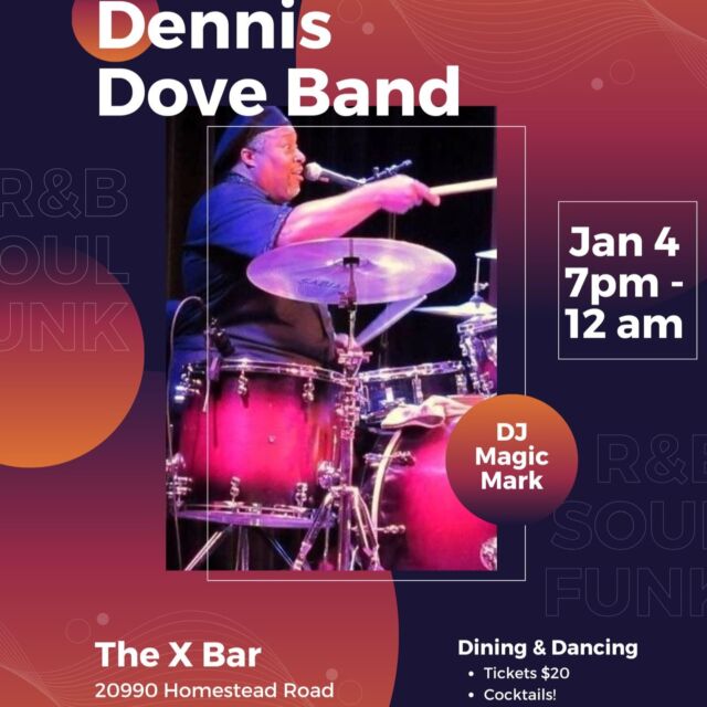 🎶✨ Get ready, Cupertino! The Dennis Dove Band is bringing the house down at X Bar on January 4, 2025, from 7 PM - 12 AM! 🎤🎸

🌟 Dance, groove, and vibe to an incredible mix of R&B, Funk, Motown, and Rock hits that will keep you moving all night long. This is the live music event you don’t want to miss!

🎟️ Tickets are only $20 – grab yours now at Eventbrite (https://www.eventbrite.com/e/1084941401939?aff=oddtdtcreator) before they’re gone!

📍 X Bar | Cupertino, CA
🎉 Let’s make it a night to remember – tag your crew and save the date!

#DennisDoveBand #LiveMusic #CupertinoEvents #XBar #R&BVibes #FunkGroove #MotownHits #DanceTheNightAway