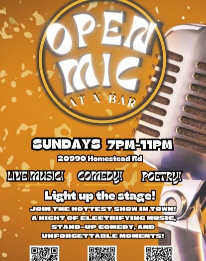 Sunday open mic nights at the X Bar! Come out and enjoy the fun. Starting January 5, 2025 #Cupertino #SantaClara #HomesteadBowlandXBar #TheXBar #OpenMic #Comedy #Poetry