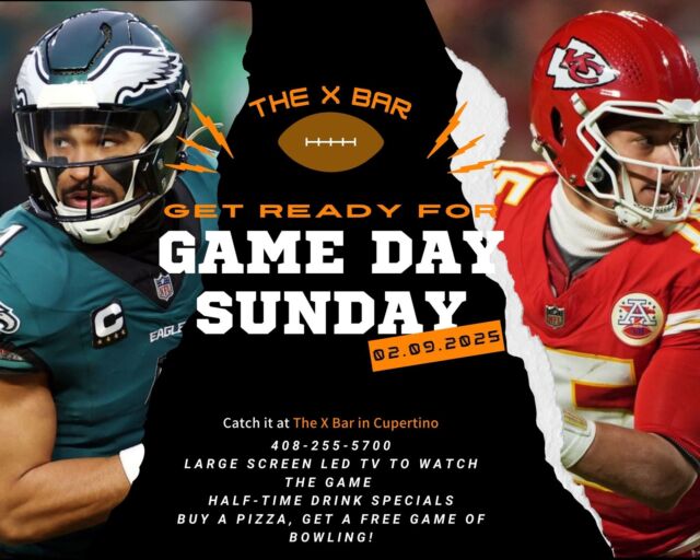 Come out February 9, 2025 to watch the game on a BIG screen! Large LED Screen TV at the X Bar in Cupertino, half-time drink specials, and get a free game of bowling when you buy a pizza (shoe rental not included) #TheGame #BigScreen #ChillVibes #Snacks #SuperBowling #TheXBar #HomesteadBowl #Cupertino #SantaClara #SouthBayArea